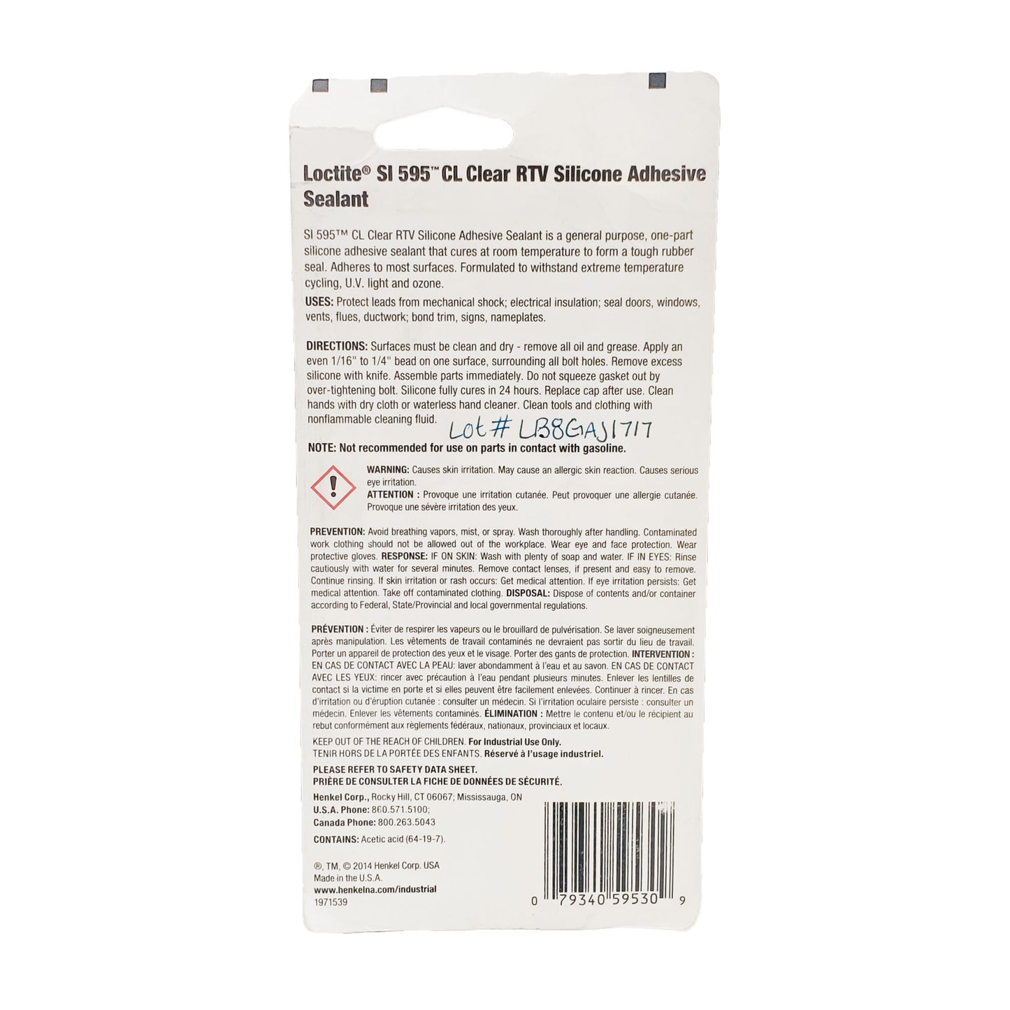 Back of Loctite Superflex clear RTV silicone packaging showing application instructions, curing information, safety warnings, lot number LB8GAJ1717, and UPC barcode.