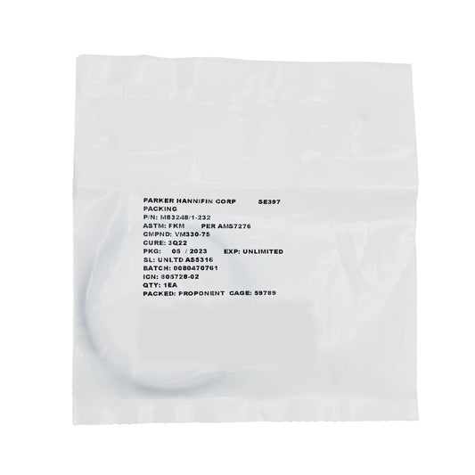 M83248-1-232 Aircraft Packing O-Ring – Front View in Packaging with Part Number Label
