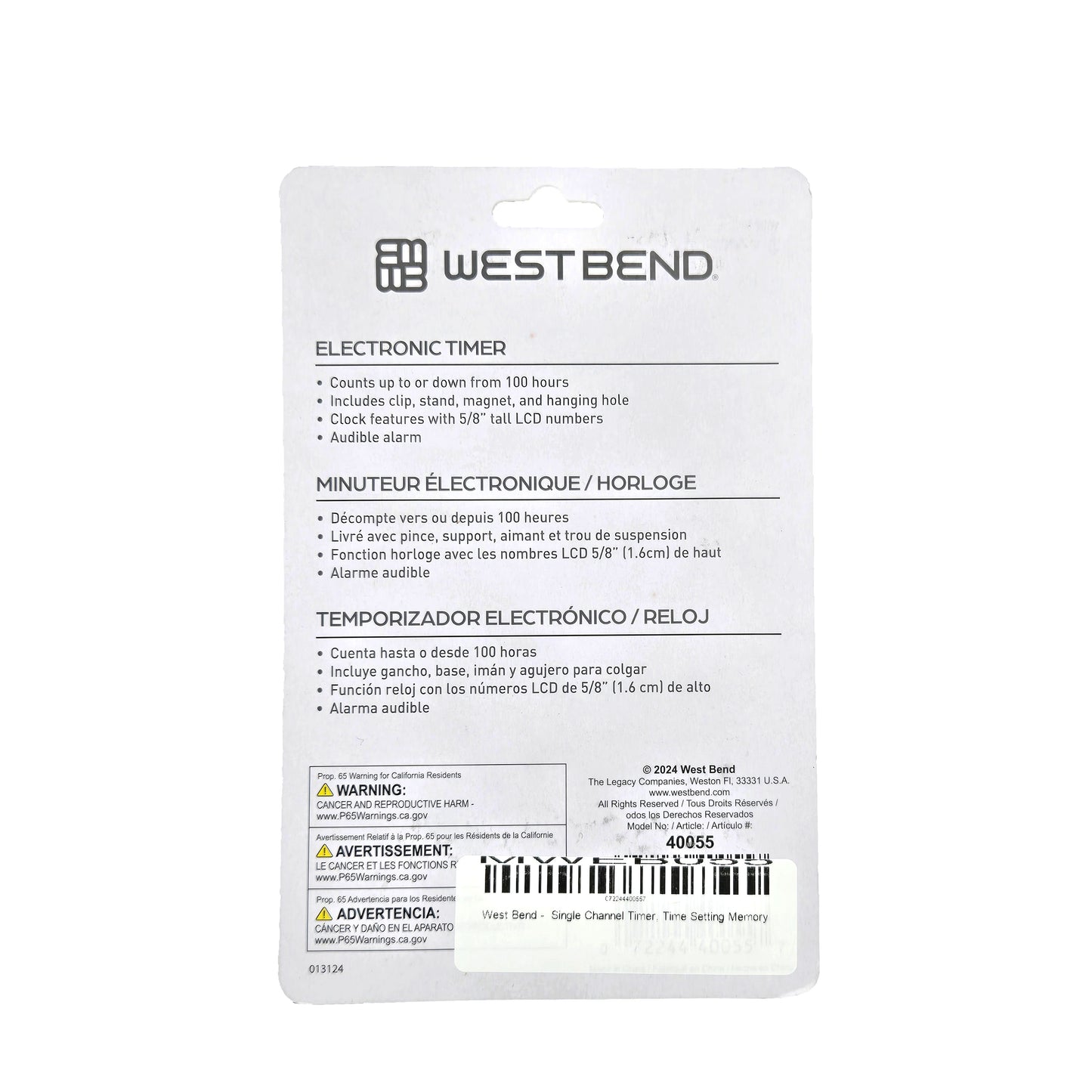 West Bend Single Channel Timer – Back View with Stand and Battery Compartment