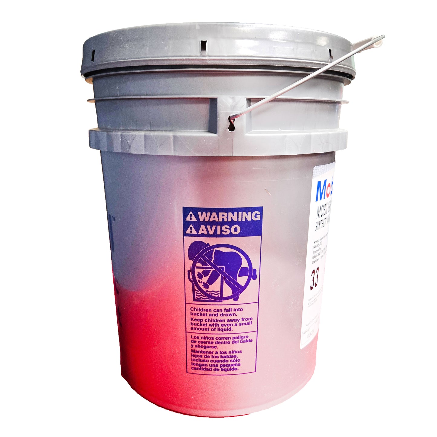 Close-up of Mobilgrease 33 pail side label showing bilingual child drowning hazard warning and safety pictogram.