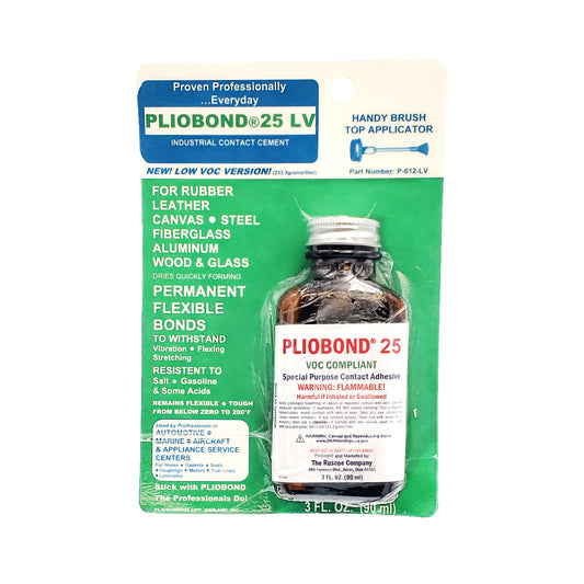 Pliobond 25 LV Adhesive 3 oz brush-top bottle in retail packaging with green and white label, VOC compliant.