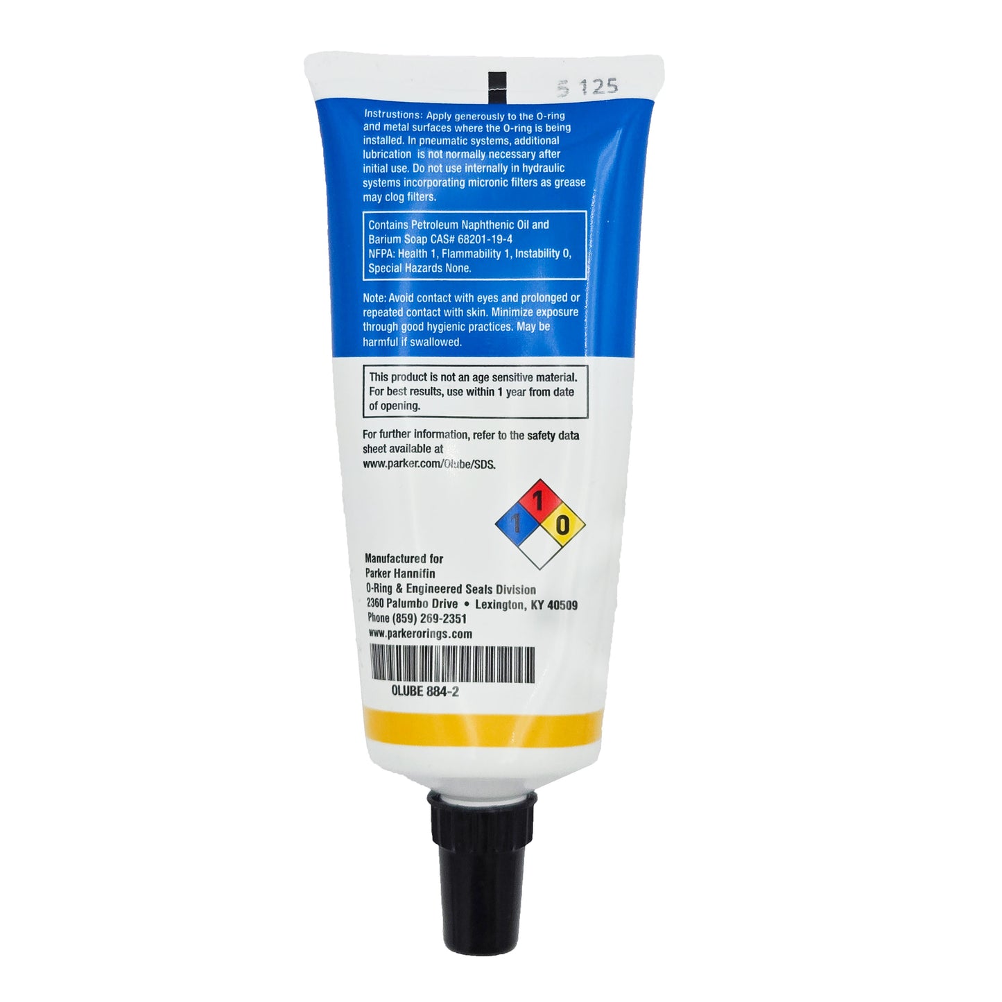 Back label of Parker O-Lube showing instructions, NFPA ratings, and part number OLUBE 884-2