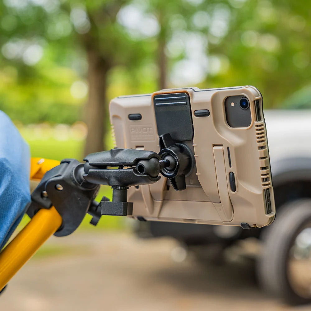 PIVOT Claw Mount attached to equipment with rugged PIVOT tablet case for field operations