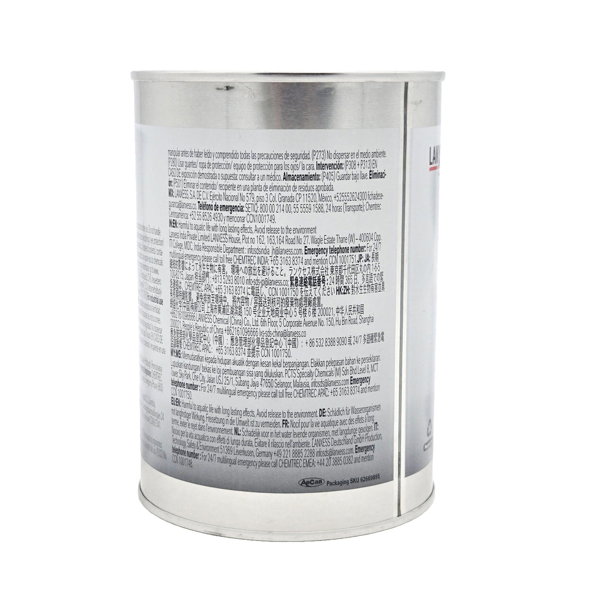 Side view of Royco 560 turbine engine oil quart can with multilingual safety warnings and emergency contact information