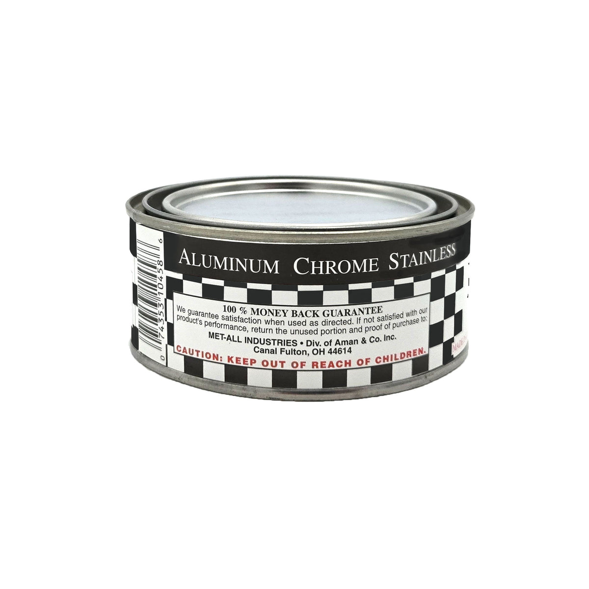 Side view of Met-All RP-8 Racing Polish 8oz tin with branding and label details