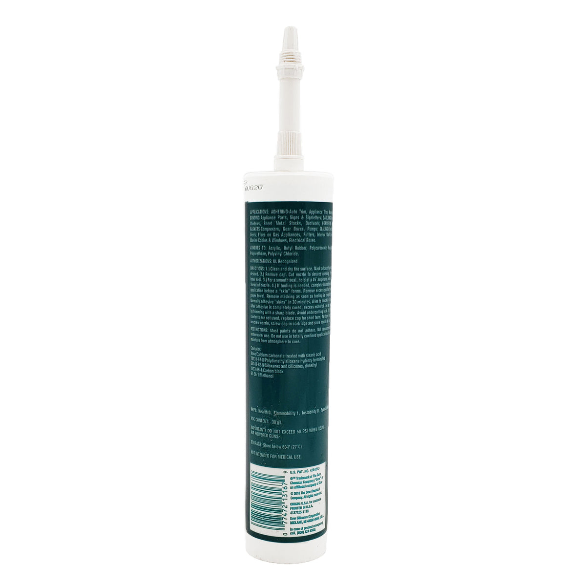 Back label of DOWSIL RTV-739 adhesive sealant showing application uses, compatible materials, directions, VOC content, NFPA ratings, and storage instructions