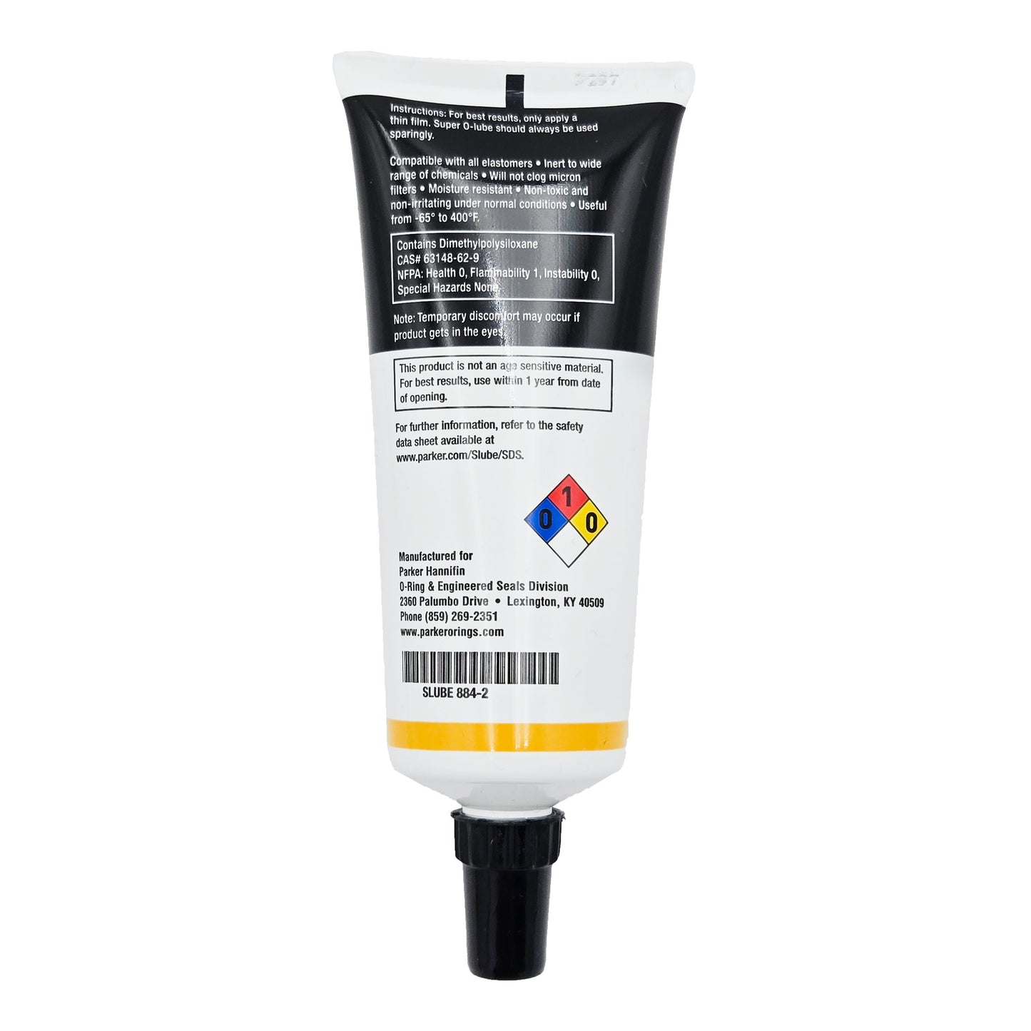 Back label of Parker Super O-Lube showing specifications, temperature range, and part number SLUBE 884-2