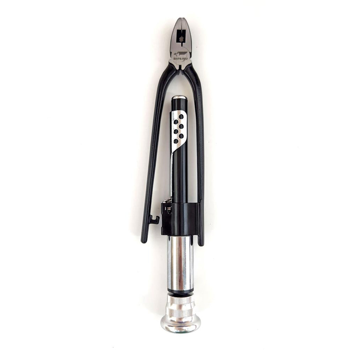 Black and silver corkscrew on a white background