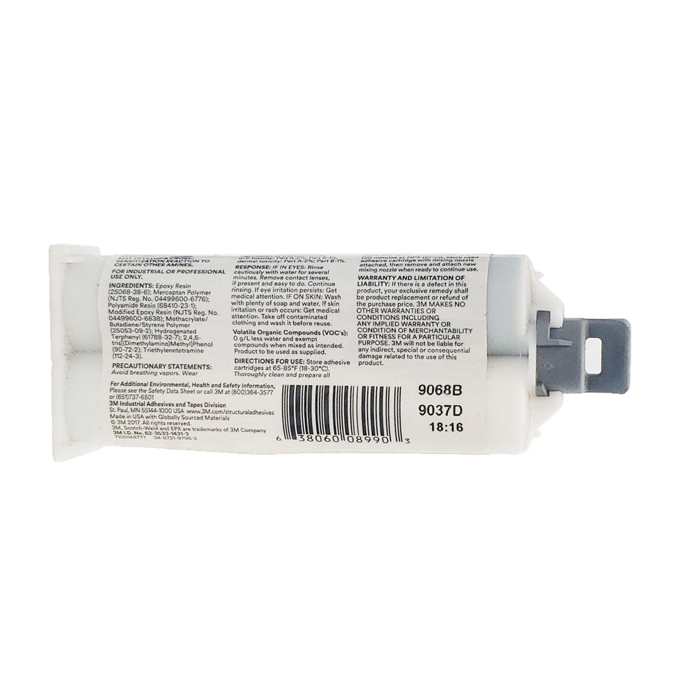 Back label of 3M Scotch-Weld DP110 epoxy cartridge showing ingredient list, storage temperature guidance, VOC 0 g/L, and UPC barcode