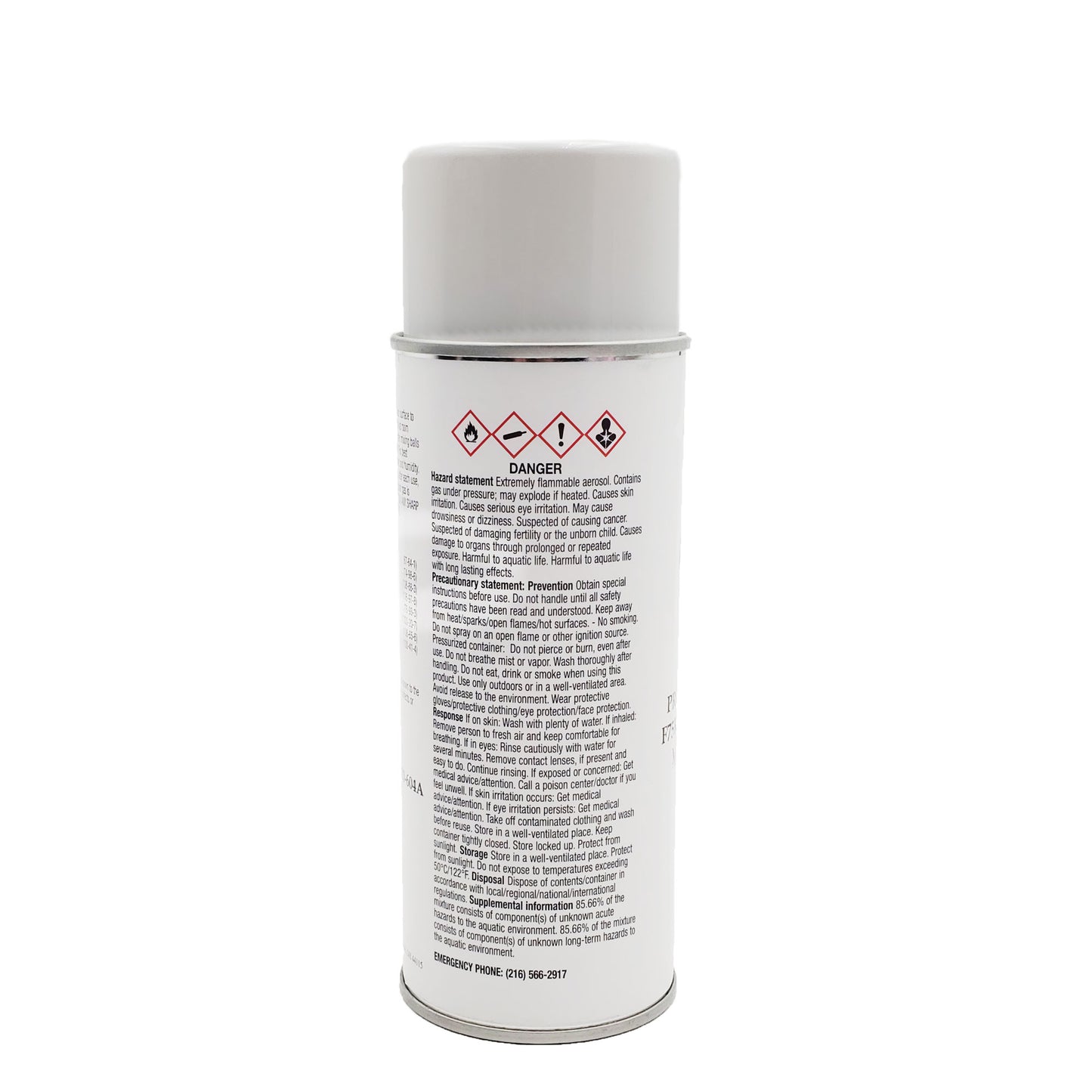 Hazard label on Sherwin-Williams white enamel propeller touch-up paint aerosol showing flammability, gas-under-pressure, health, irritant, and environmental warning symbols.