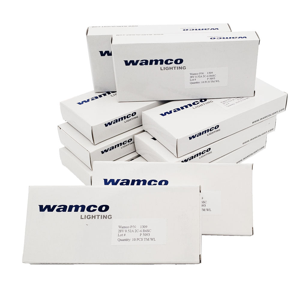 Bulk package of 100 Wamco WL-1309 miniature aircraft lamps, 28V 0.52A, boxed in 10-packs.