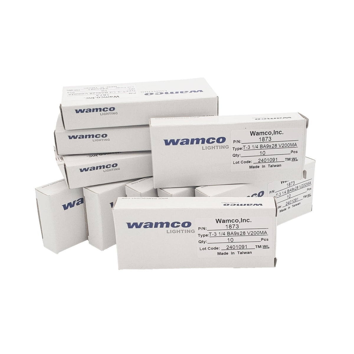 Bulk supply of Wamco WL-1873 T-3 1/4 BA9s 28V 200mA aircraft lamps in stacked boxes