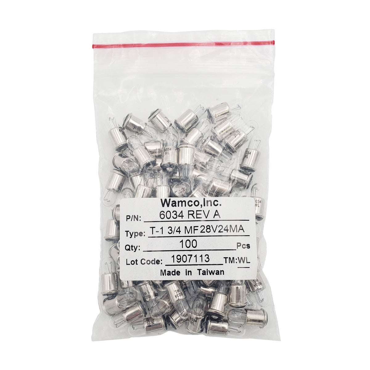 Bulk 100-pack Wamco WL-6034 T-1 3/4 MF aircraft lamps rated 28V 24mA.
