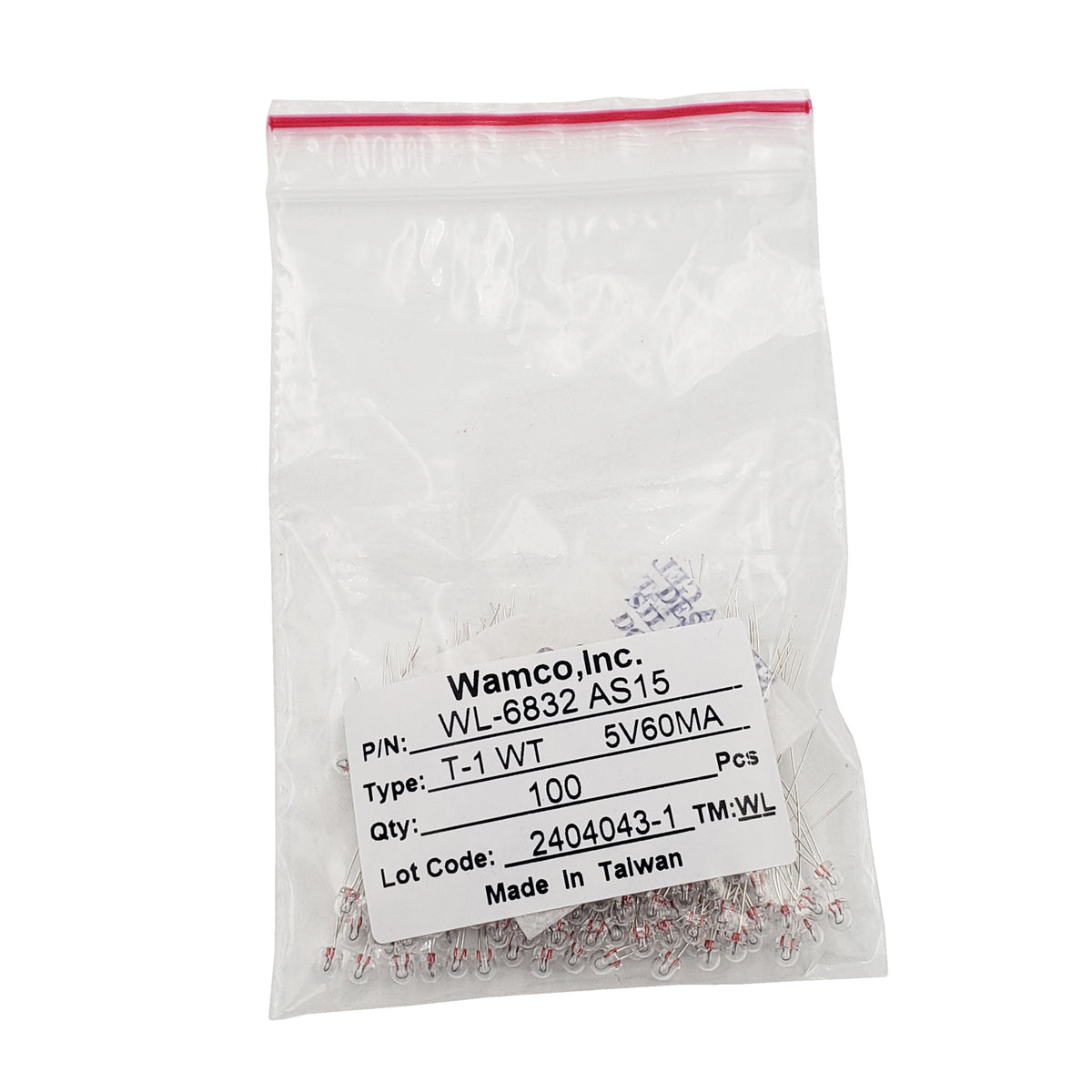 Label view of Wamco WL-6832 AS15 T-1 wire-terminal aircraft lamps, 5V 60mA, 100-pack