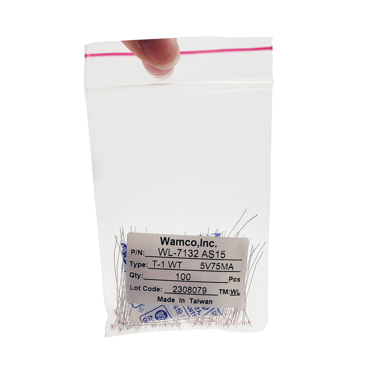 Bulk 100-pack Wamco WL-7132AS15 TPL T-1 wire lead lamps, rated 5V 75mA.