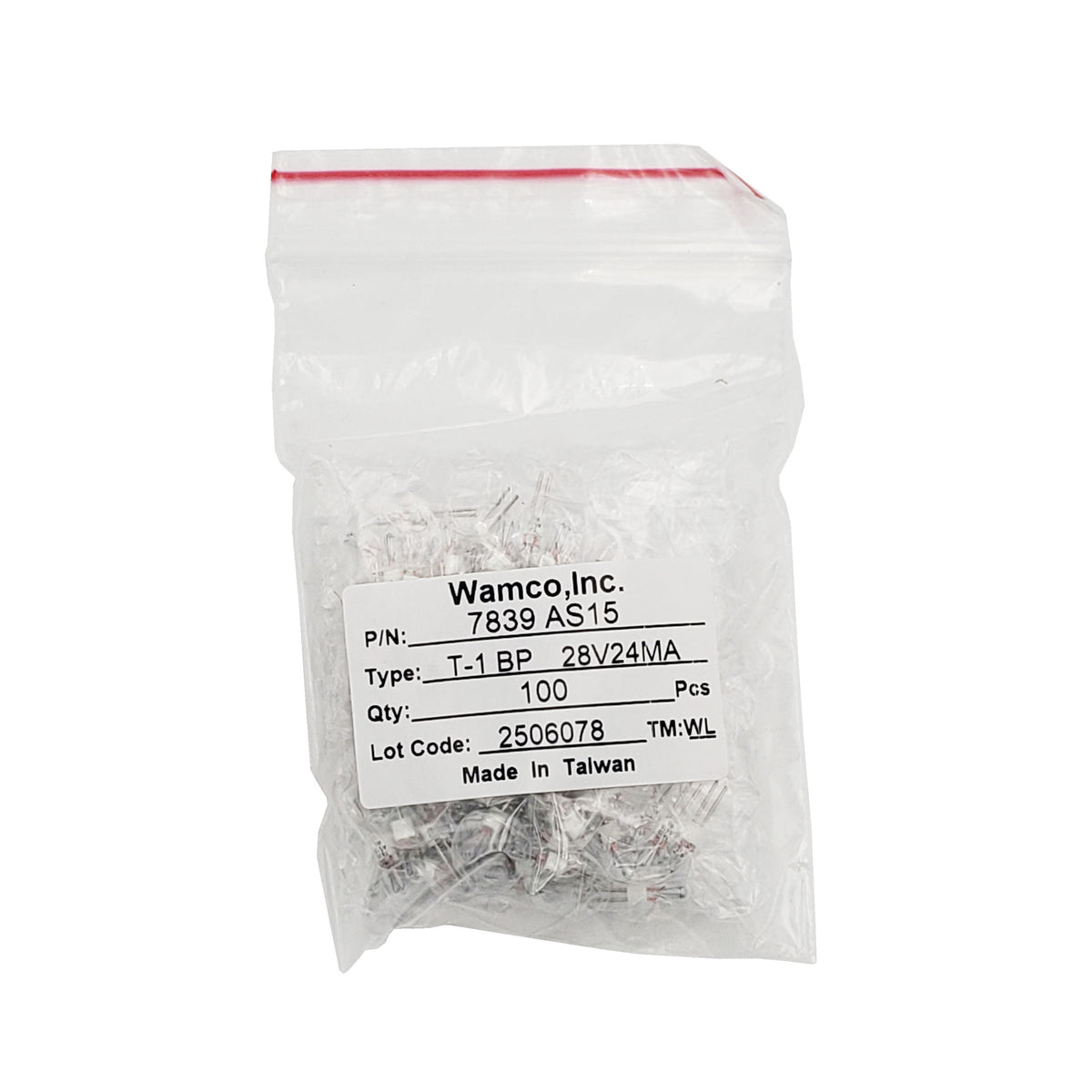 Wamco WL-7839AS15 subminiature aircraft lamps, T-1 bi-pin base, 28V 24mA, 100-pack
