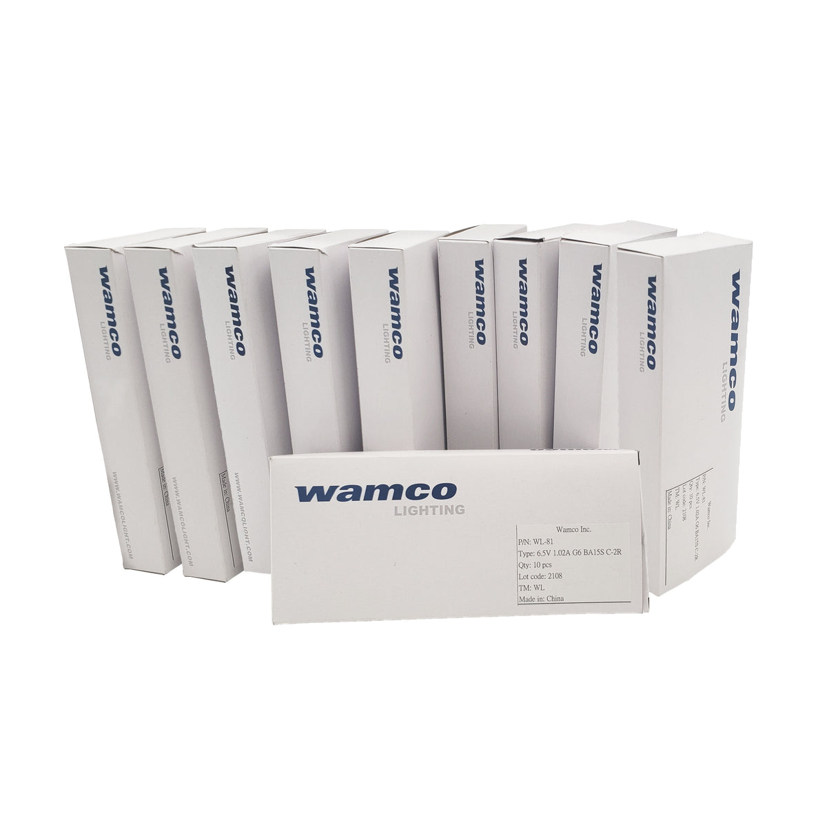Bulk supply of Wamco WL-81 6.5V 1.02A G6 aircraft lamps in stacked boxes
