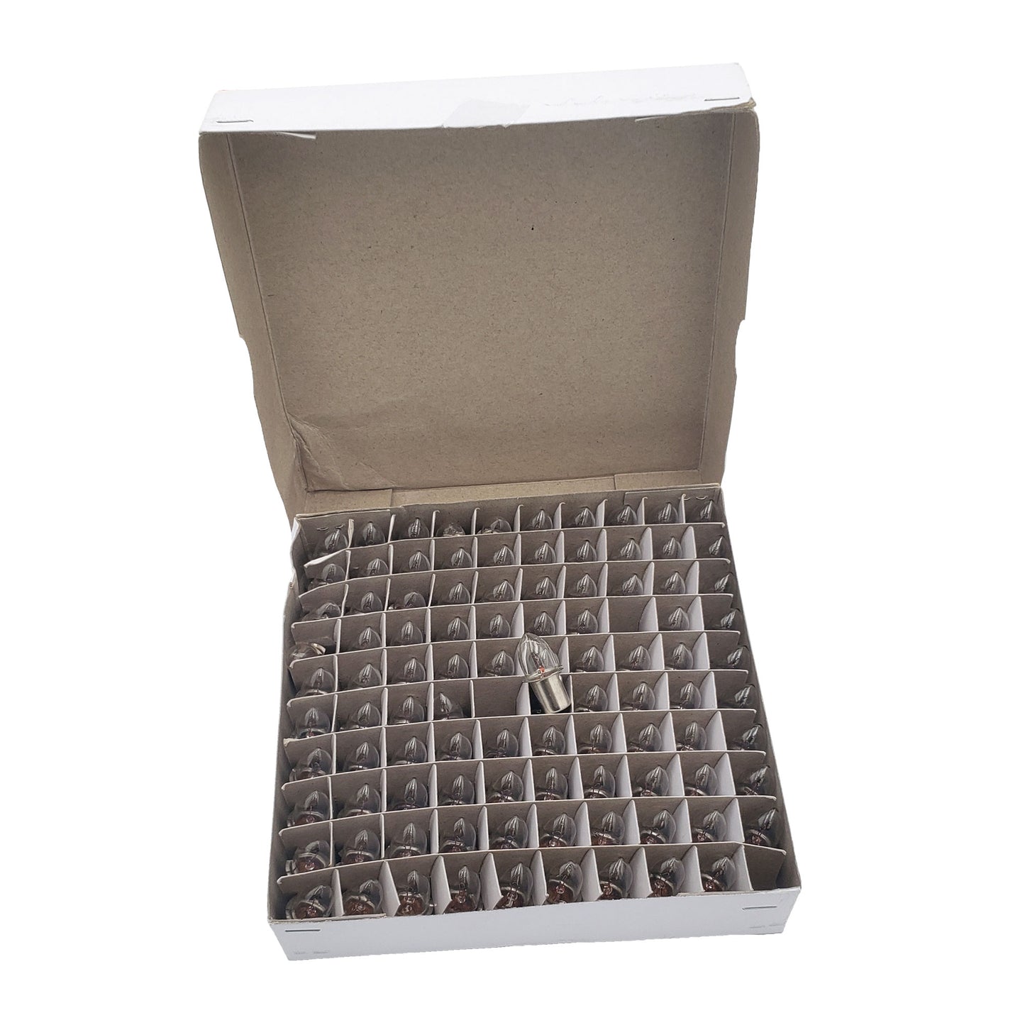 Open bulk box showing 100 Wamco WL-PR2 flashlight bulbs organized in grid insert