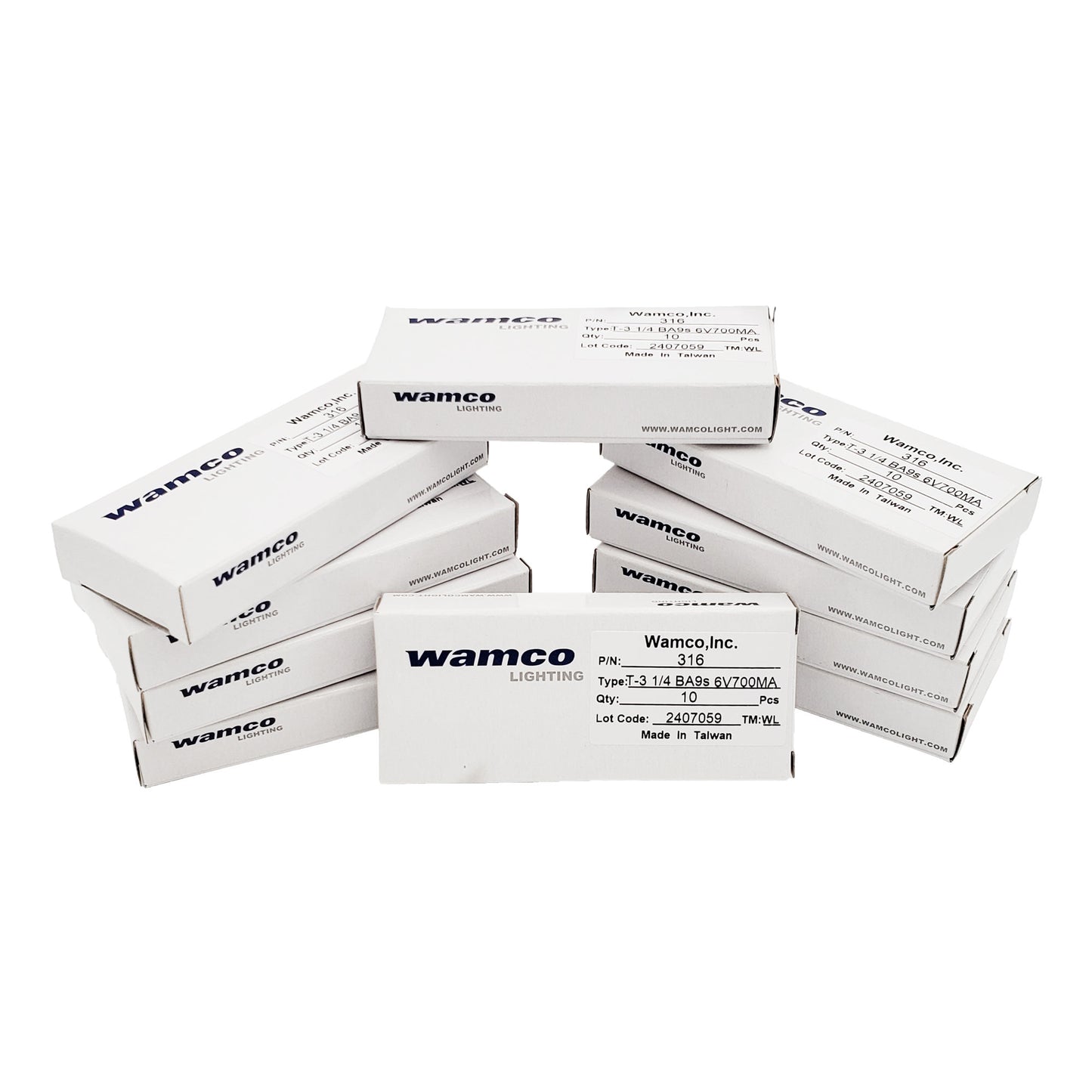 Stack of Wamco Lighting boxes for 316 miniature aircraft lamps showing multiple cartons labeled WL-316.
