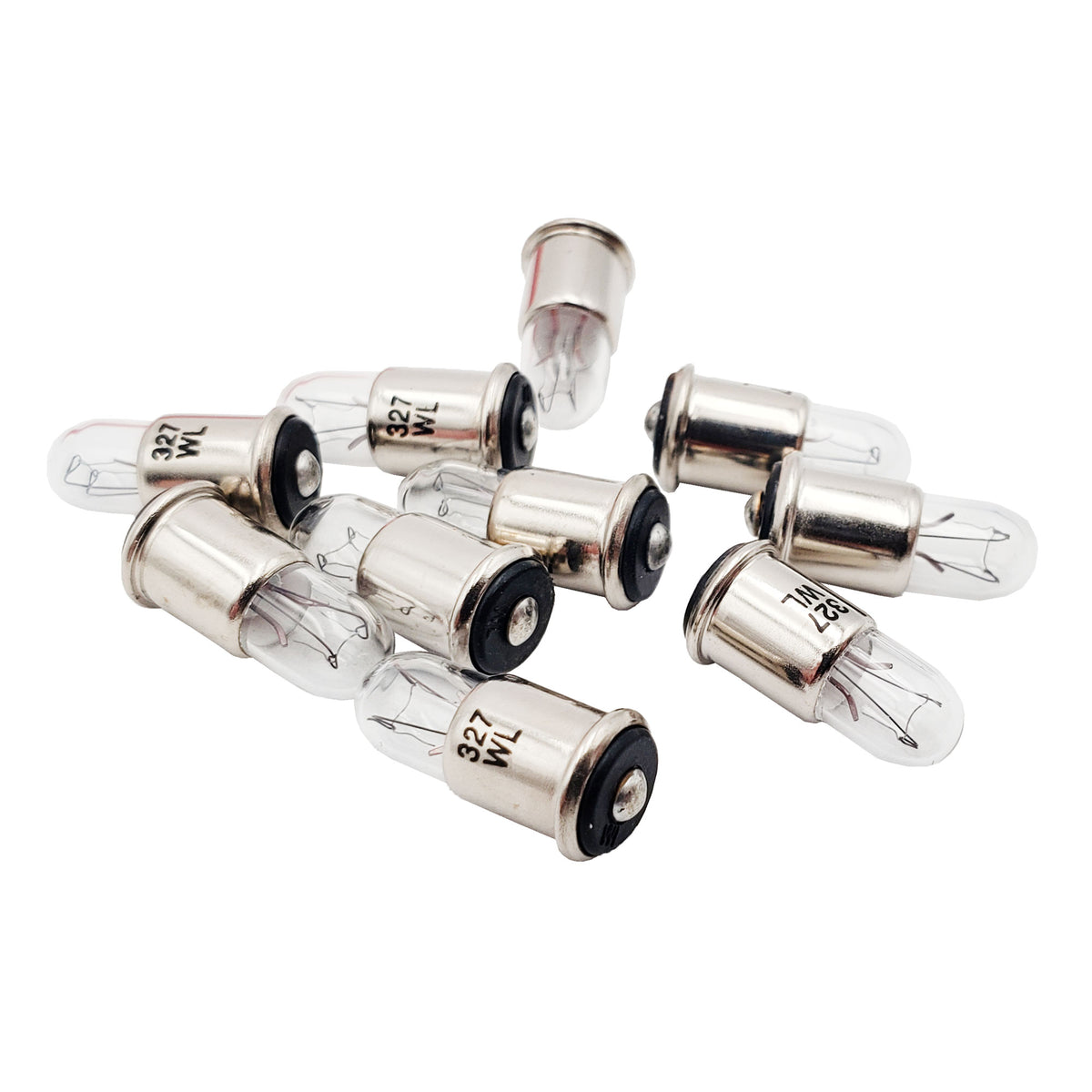 Group of ten Wamco 327 subminiature aircraft lamps showing clear glass bulbs and reflective midget flange bases