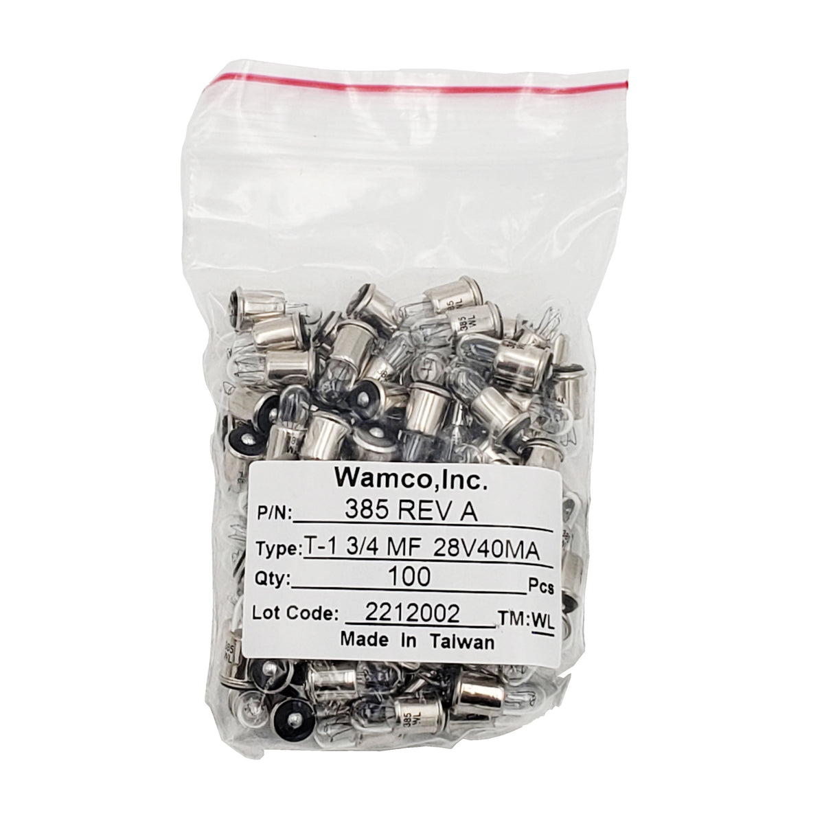 Bulk bag of Wamco 385 aircraft lamps labeled 28V with C-2F filament and quantity 100 pieces.