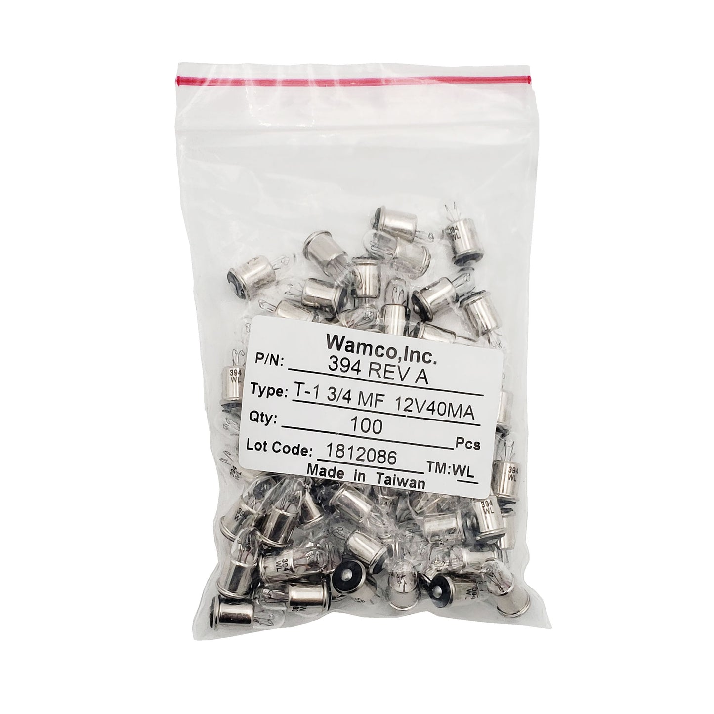 Bulk bag of Wamco 394 aircraft lamps labeled T-1 3/4 MF with 12V 40mA rating and quantity 100 pieces