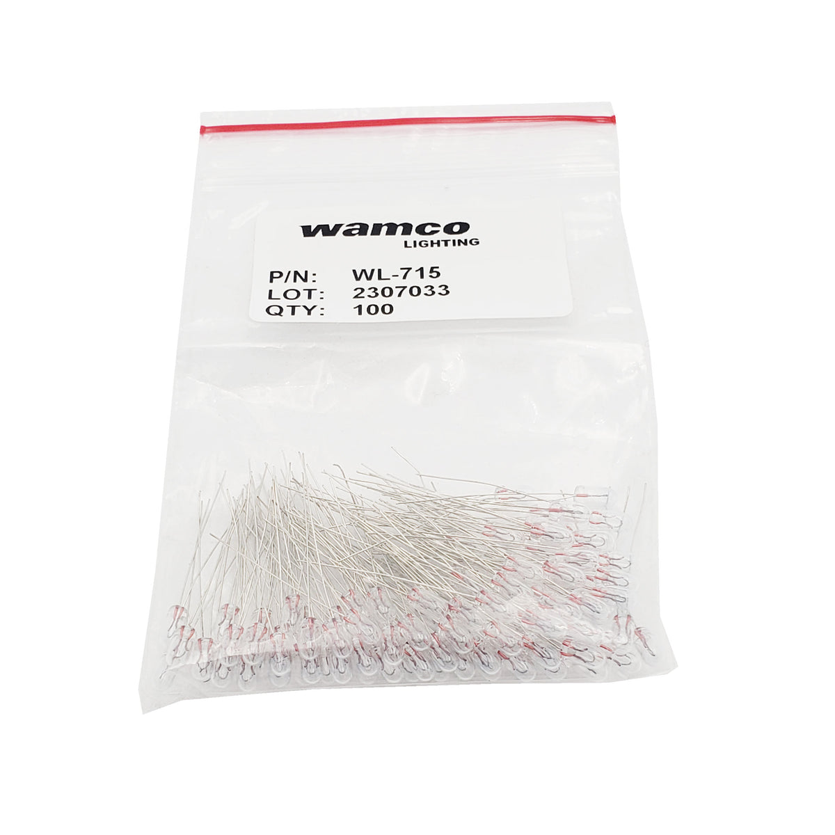 Bulk package of 100 Wamco WL-715 subminiature aircraft lamps with wire leads and labeled lot information.