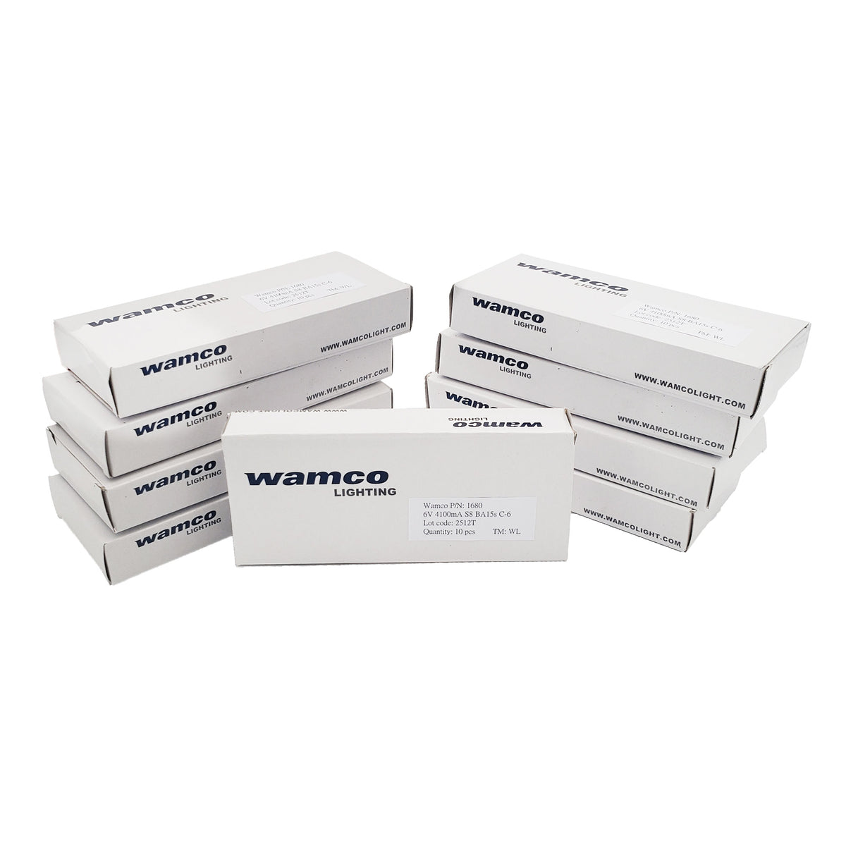 Stack of Wamco 1680 aircraft lamp boxes showing bulk 100-piece shipment for aviation lighting replacement.