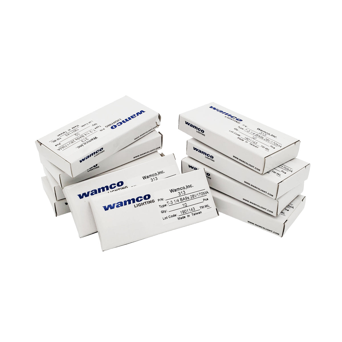 Bulk shipment of Wamco 313 miniature aircraft lamps showing stacked Wamco Lighting boxes totaling 100 bulbs