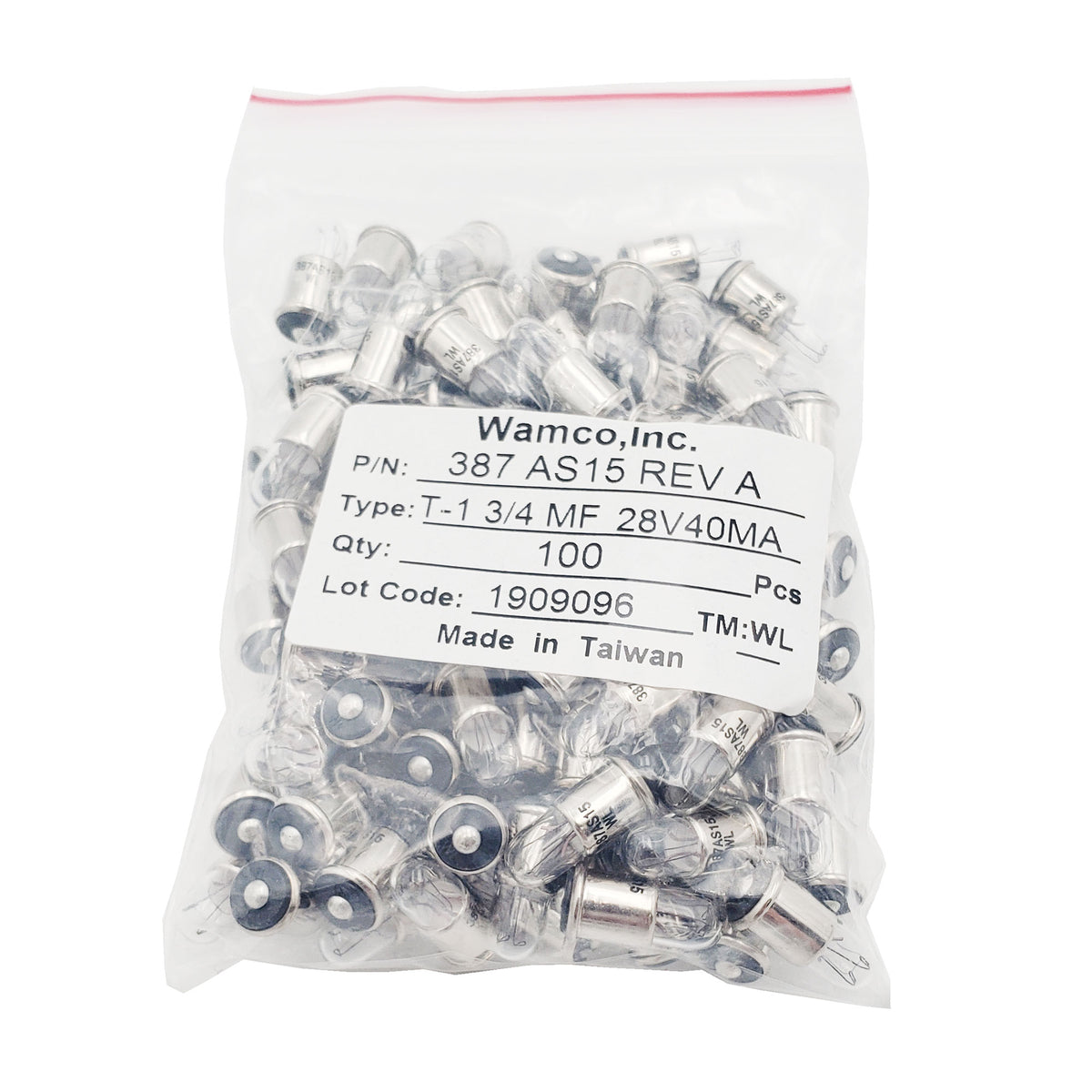 Bulk bag of 100 Wamco WL-387AS15 subminiature aircraft lamps, T-1 3/4 midget flange base, rated 28V 40mA, with product label.