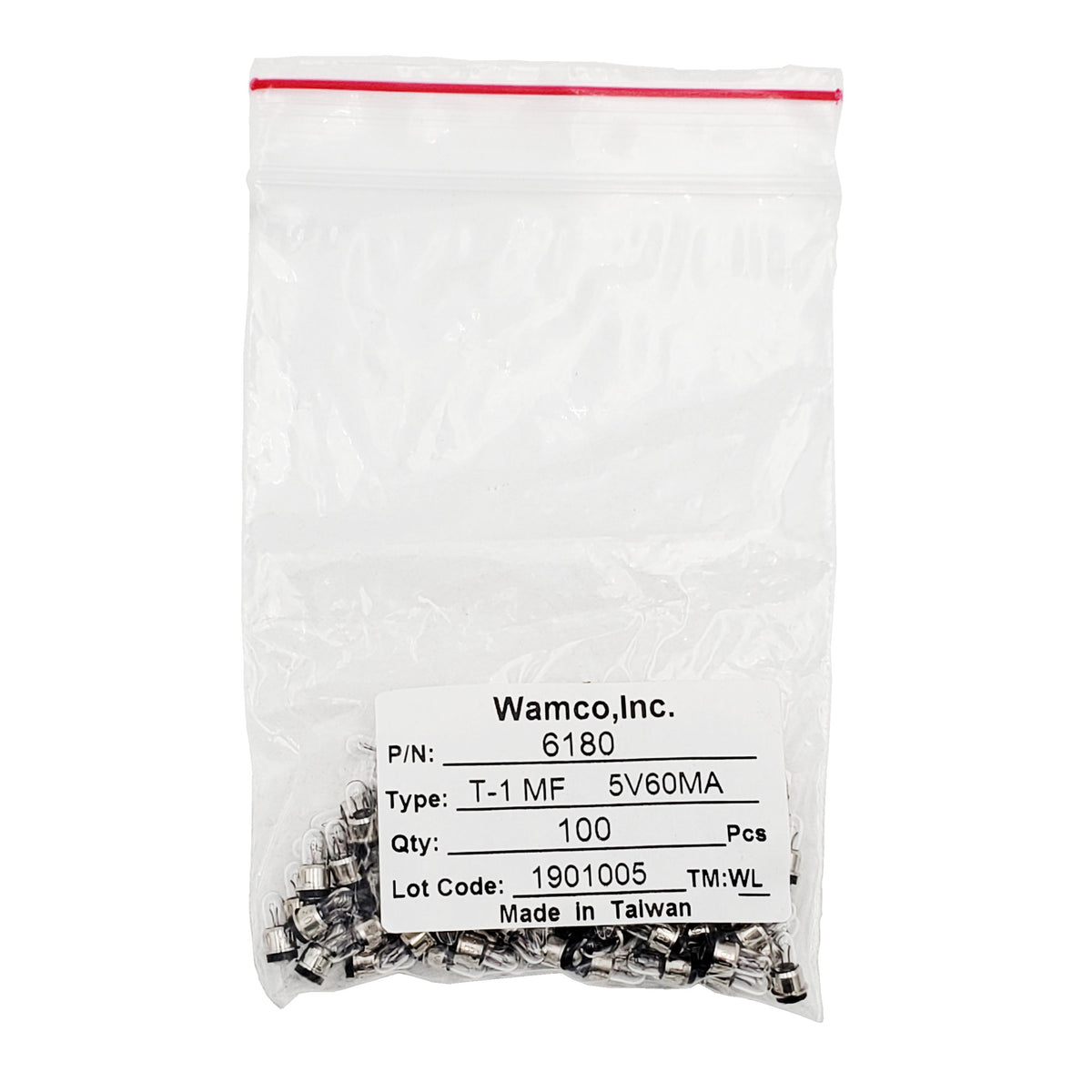 Bulk bag of Wamco 6180 aircraft lamps labeled T-1 SMF with 5V 60mA rating, 5000-hour life, and quantity 100 pieces
