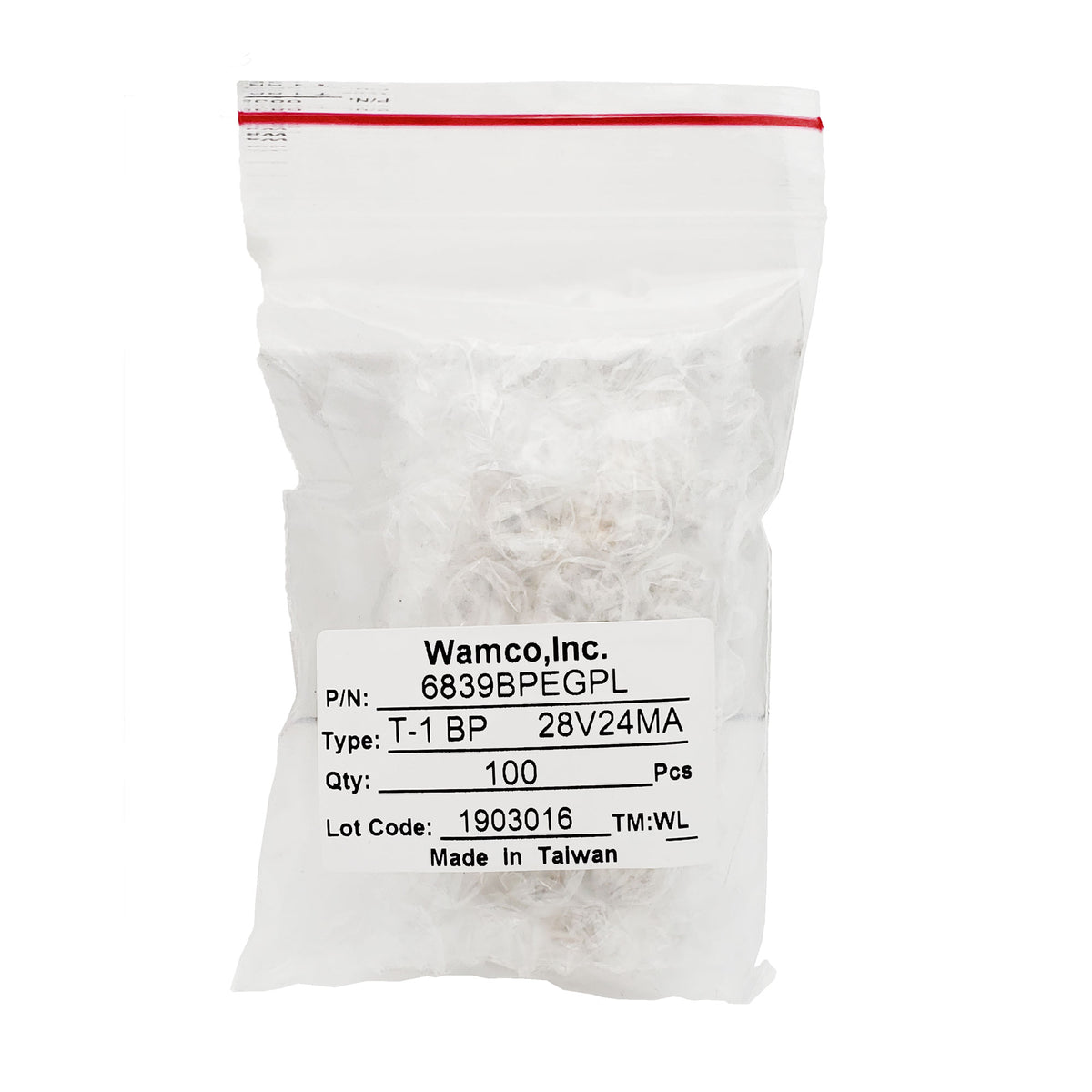 Bulk bag of Wamco subminiature aircraft lamps with label showing part number 6839BPEGPL, 28V 24mA specifications, and quantity 100 pieces
