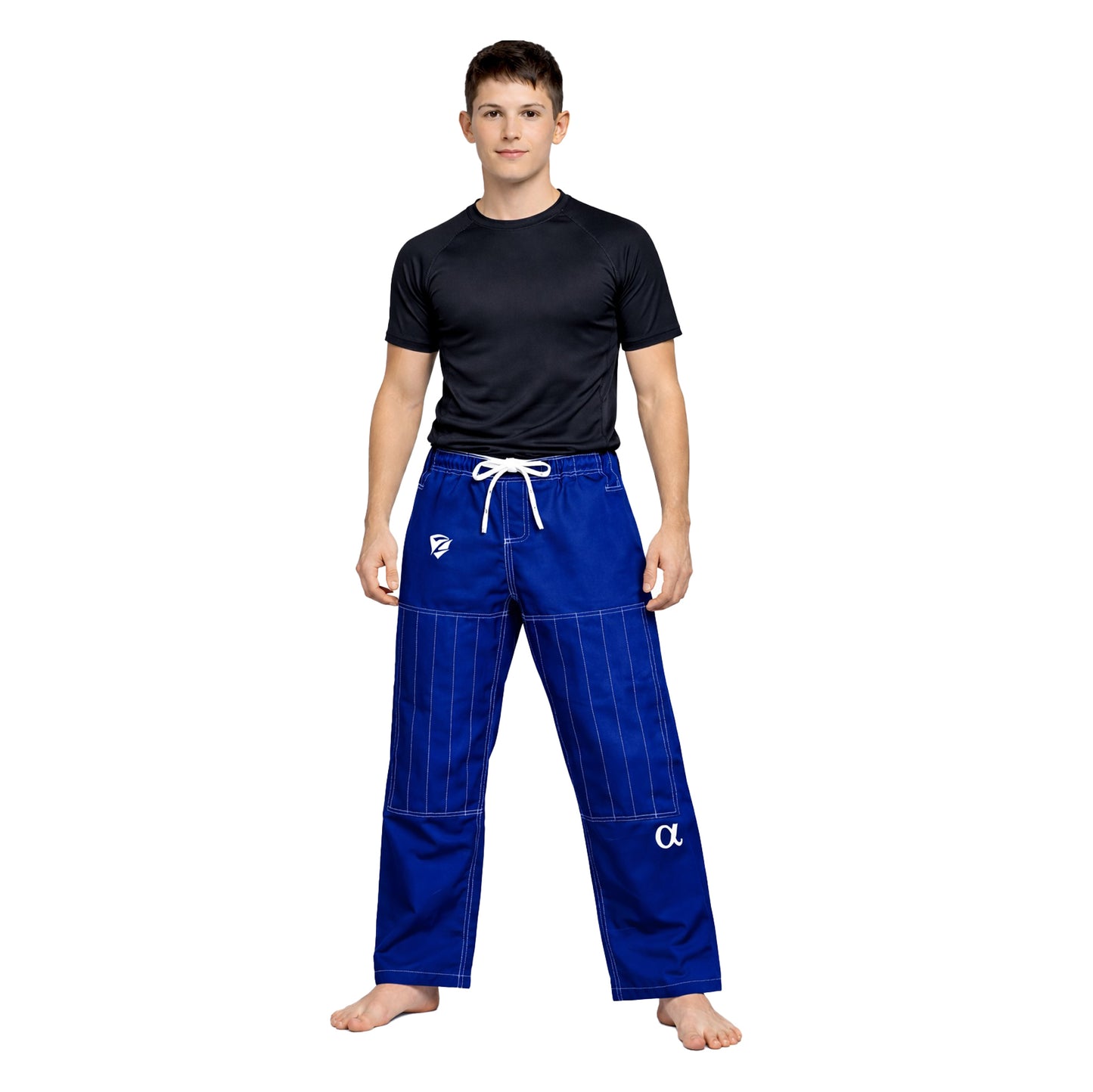Person wearing blue martial arts pants with a logo on a white background