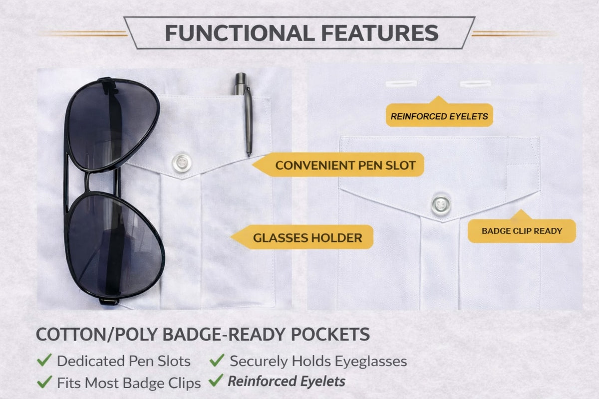 mens pilot shirt, functional features pockets pen holder badge clip eyelets aviation uniform shirt