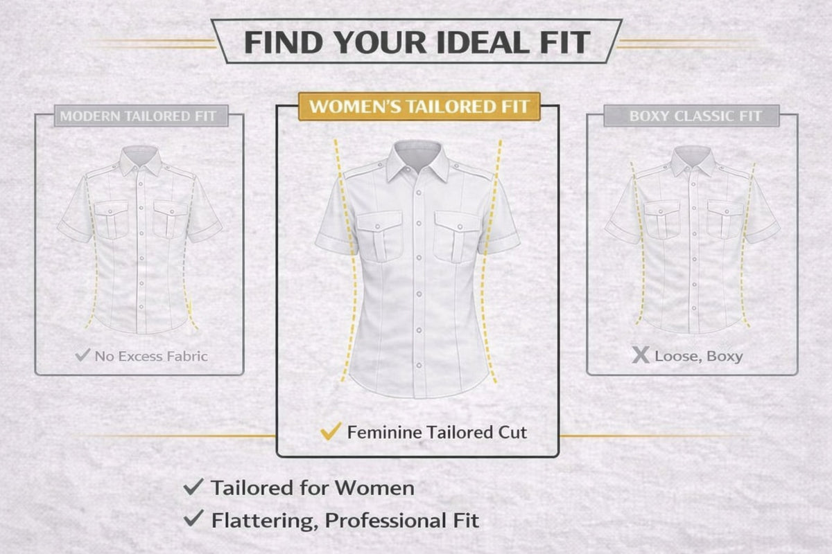 JetSeam women’s pilot shirt tailored fit guide showing feminine aviation uniform silhouette and professional fit comparison