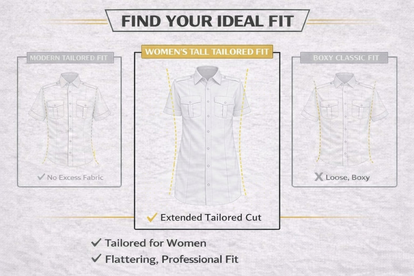 JetSeam women’s tall pilot shirt fit guide showing extended tailored aviation uniform fit with longer torso and professional silhouette