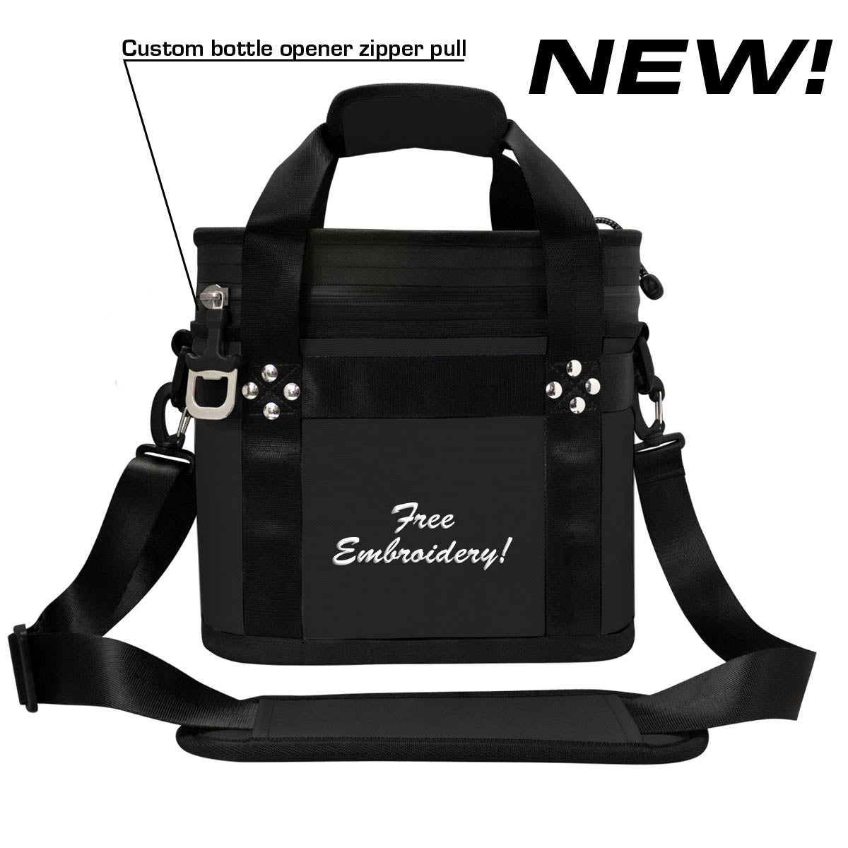 Front view of Club Glove TRS Ballistic Ice Box with custom bottle opener zipper pull highlighted and NEW feature label in corner