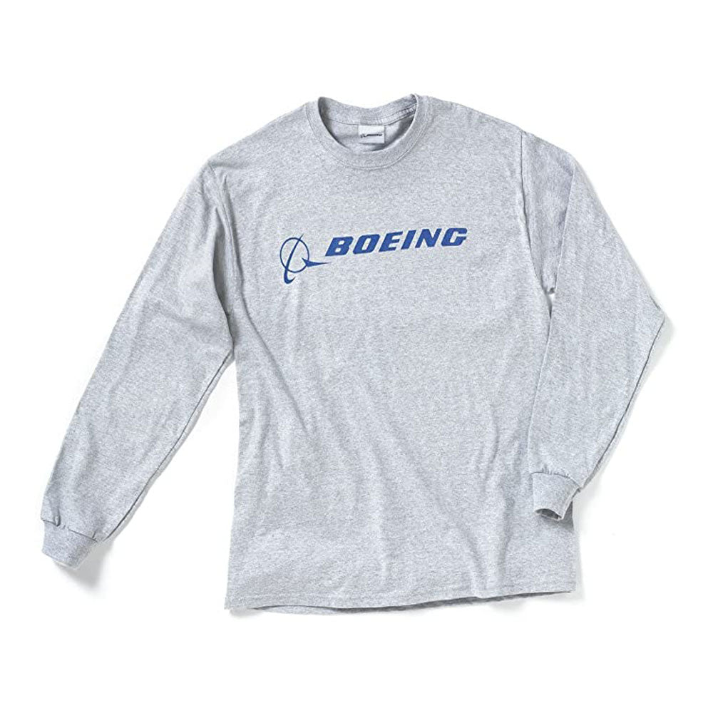 Boeing Signature Logo Long Sleeve T-Shirt in gray with blue Boeing wordmark