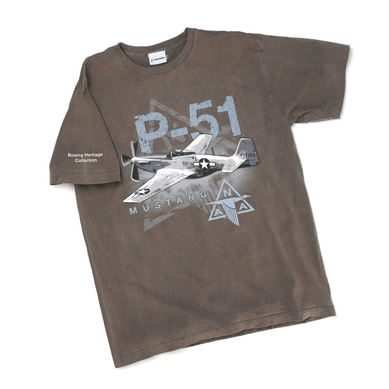 Boeing P-51 Mustang Heritage Collection T-Shirt with vintage aircraft graphic print on brown cotton tee