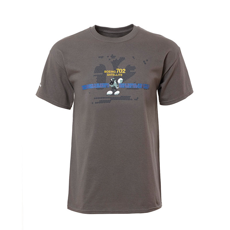 Boeing 702 Satellite Graphic Profile T-Shirt in granite gray with spacecraft design