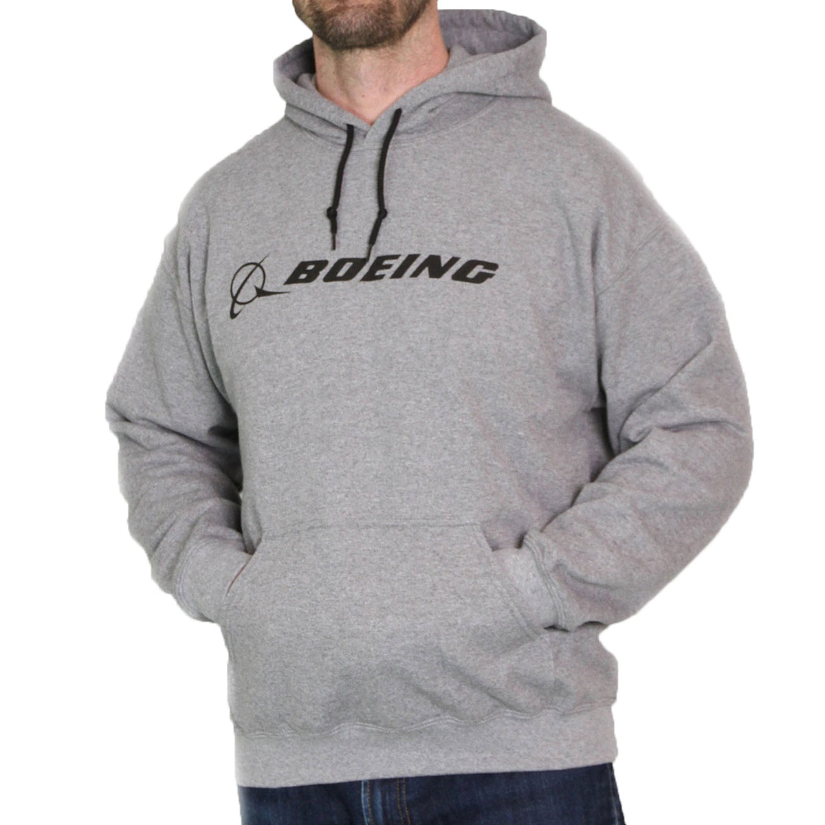 Model wearing heather gray Boeing signature logo hooded sweatshirt
