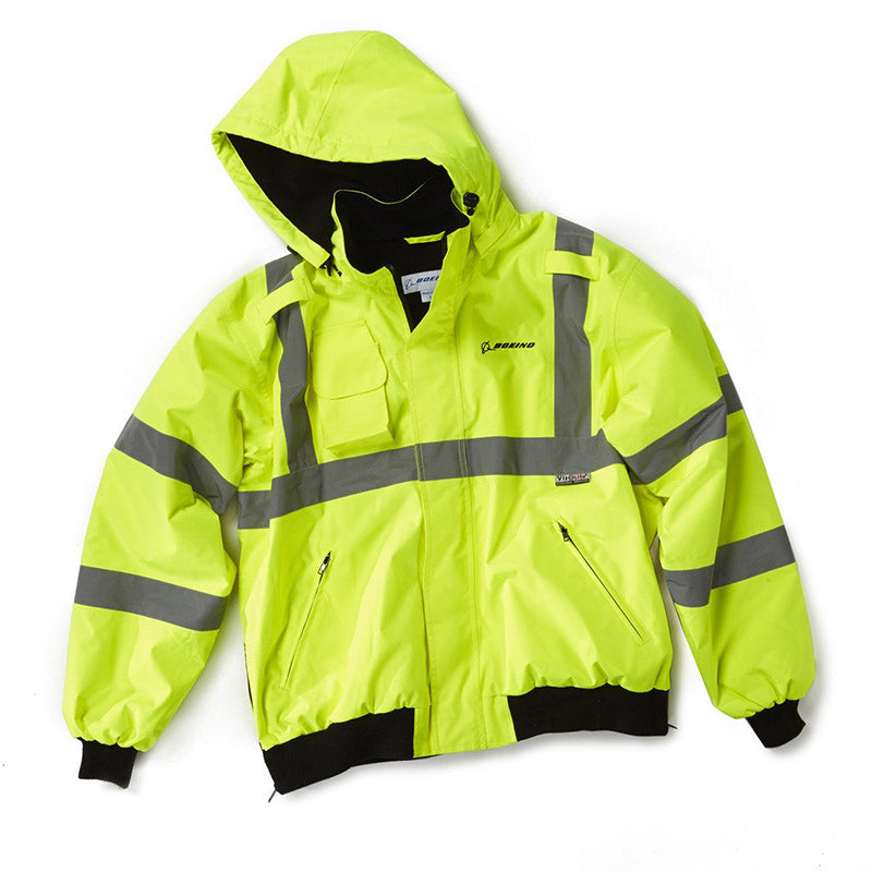"Boeing neon high-visibility safety jacket with reflective stripes and removable hood"