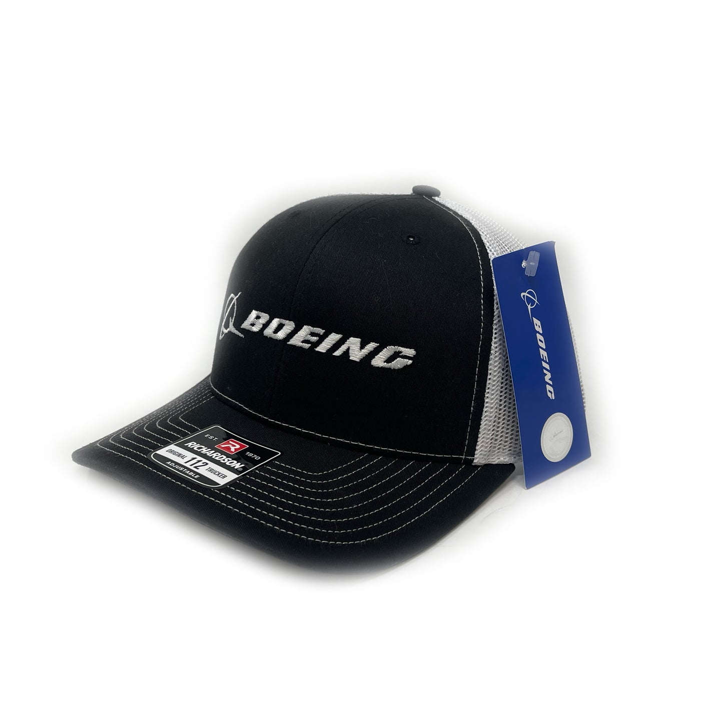 Boeing Signature Logo trucker hat in black with white mesh and Richardson label