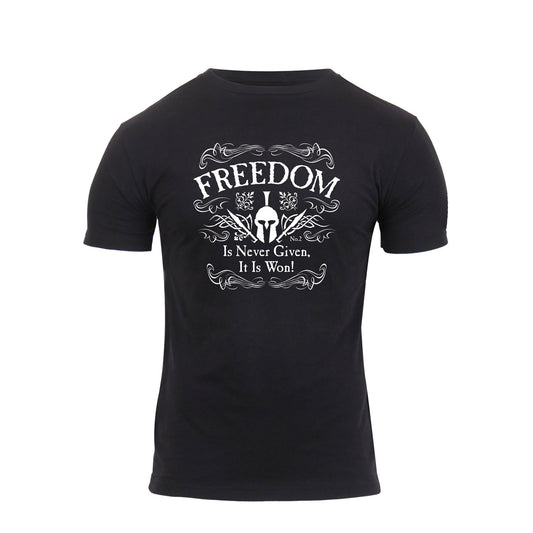 Athletic Fit Freedom T-Shirt – Black Crew Neck with Spartan Helmet and Ornate Patriotic Graphic Text 'Freedom Is Never Given, It Is Won'