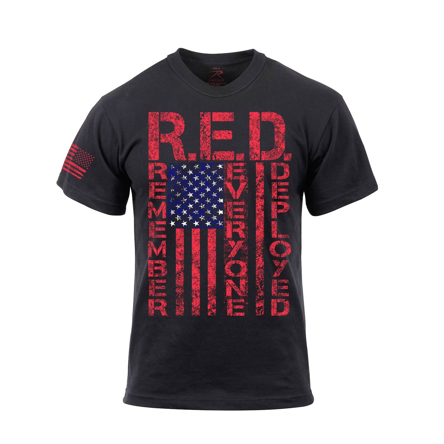 Athletic Fit R.E.D. T-Shirt – Black Crew Neck with Bold Red R.E.D. Text, American Flag Design, and Sleeve Flag Detail