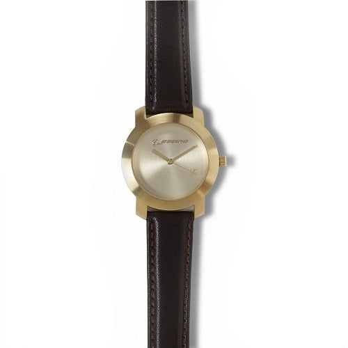 Boeing ladies gold rotating watch with brown leather strap and logo dial