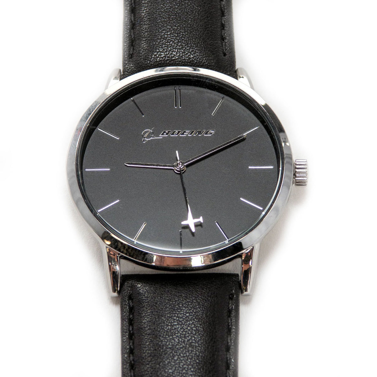 Close-up of Boeing women’s silver watch dial with rotating airplane detail