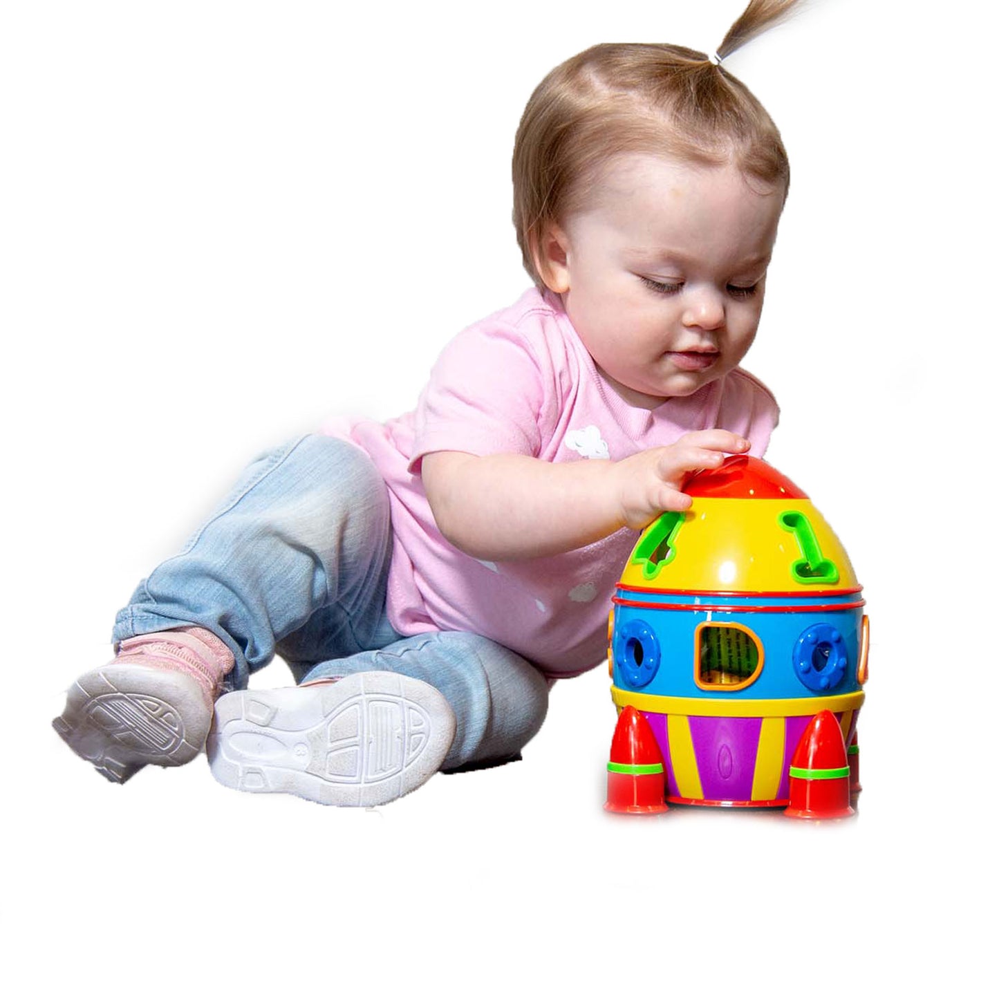 Toddler wearing pink Boeing Pudgy Trail graphic T-shirt during playtime