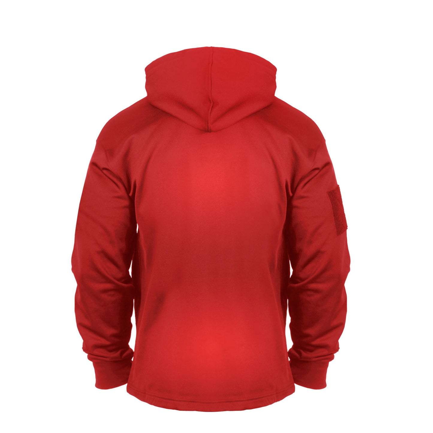 Concealed Carry R.E.D. Hoodie – Back View of Plain Red Pullover with Hood and Small Arm Patch