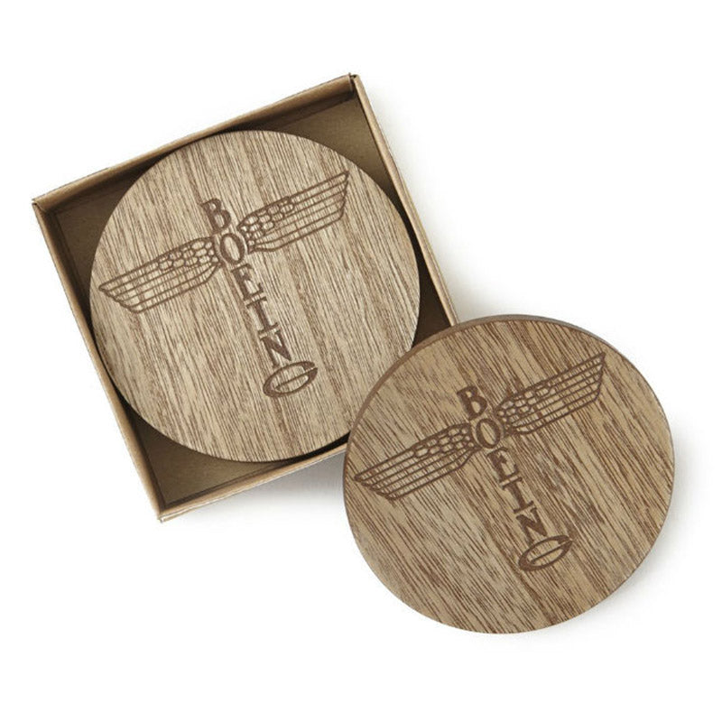 Boeing Totem wood-look coasters with etched heritage logo in gift box